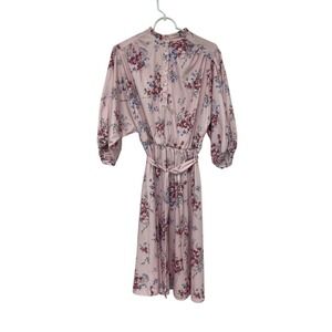 Vintage Midi Dress Pink Floral‎ XS 3/4 Sleeve Elastic Cuffs Belted Button Up